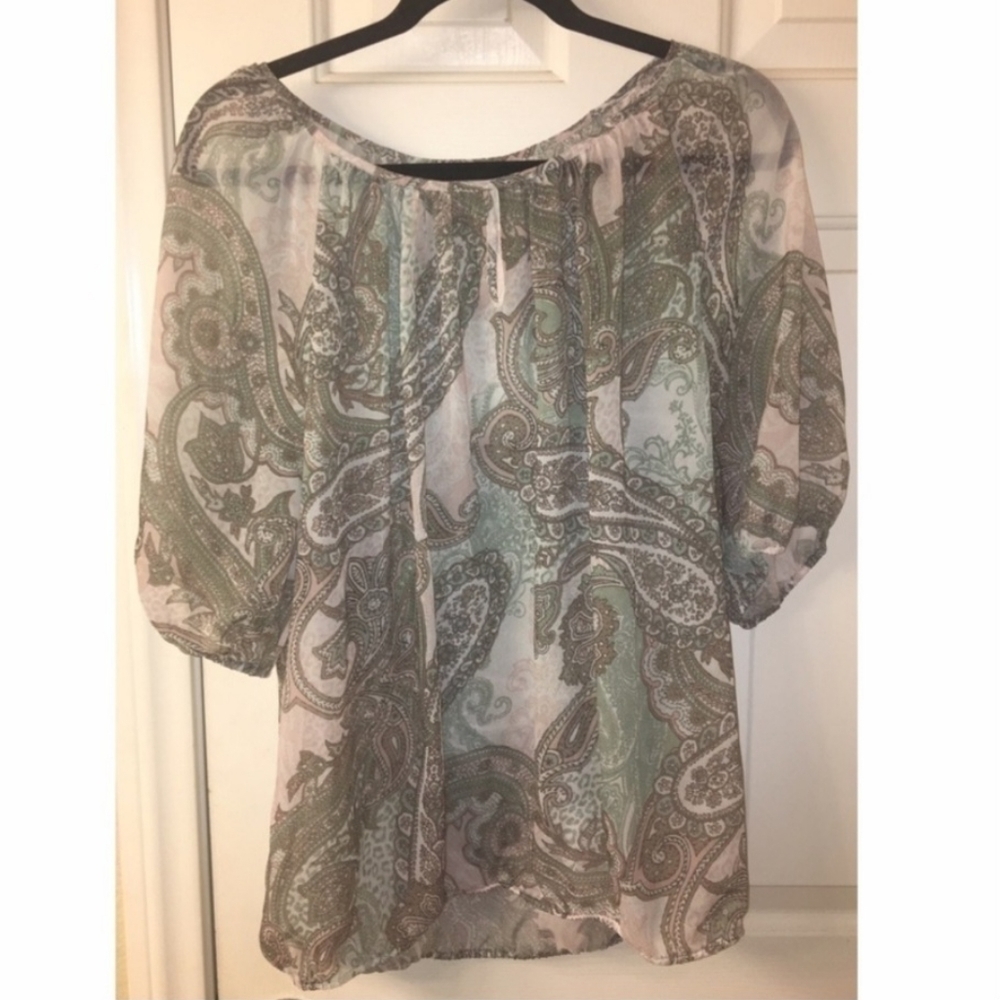 Chico's Sheer Paisley Top Women's Large L Sage Pink White Boho Bohemian Flowy